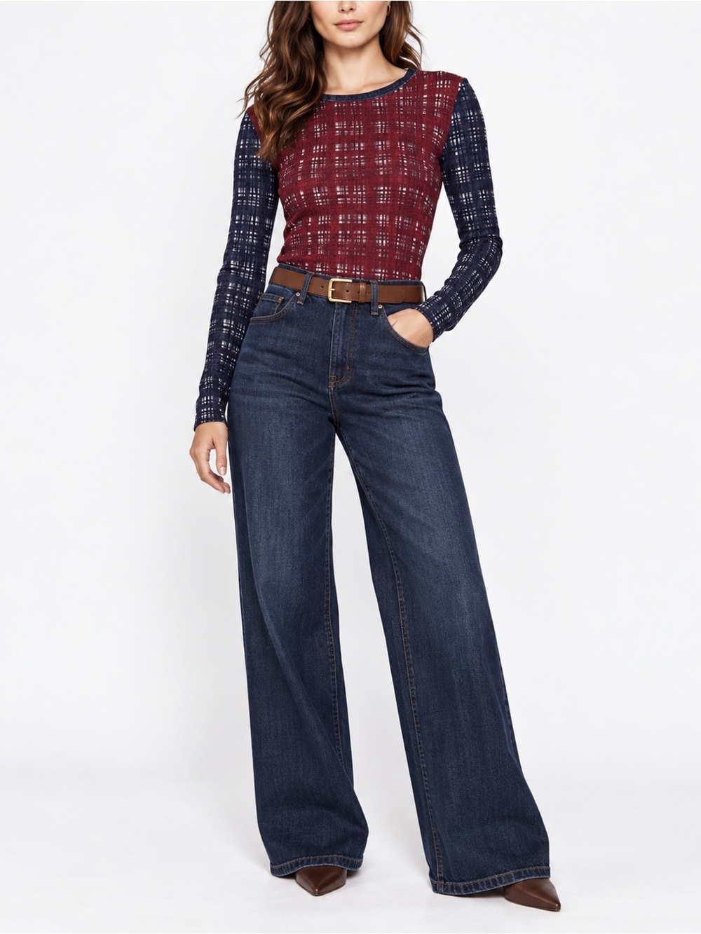 Tory Burch Long Sleeve Plaid Print Top Red Navy Blue XS Stretch Cotton Fall